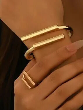 Gold Bar Cuff Bracelet and Ring Set